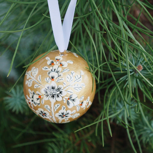 Painted Gold Florals Paper Mache Ball Ornament